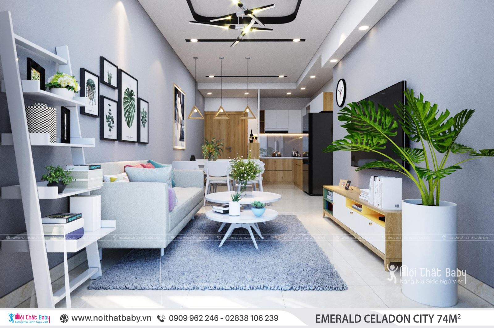 Mẫu thiết kế nội thất căn hộ chung cư hiện đại tại Emerald Celadon City 74m2